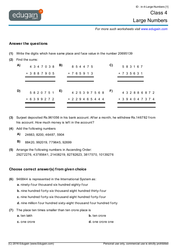 grade 4 large numbers math practice questions tests worksheets quizzes assignments edugain brazil